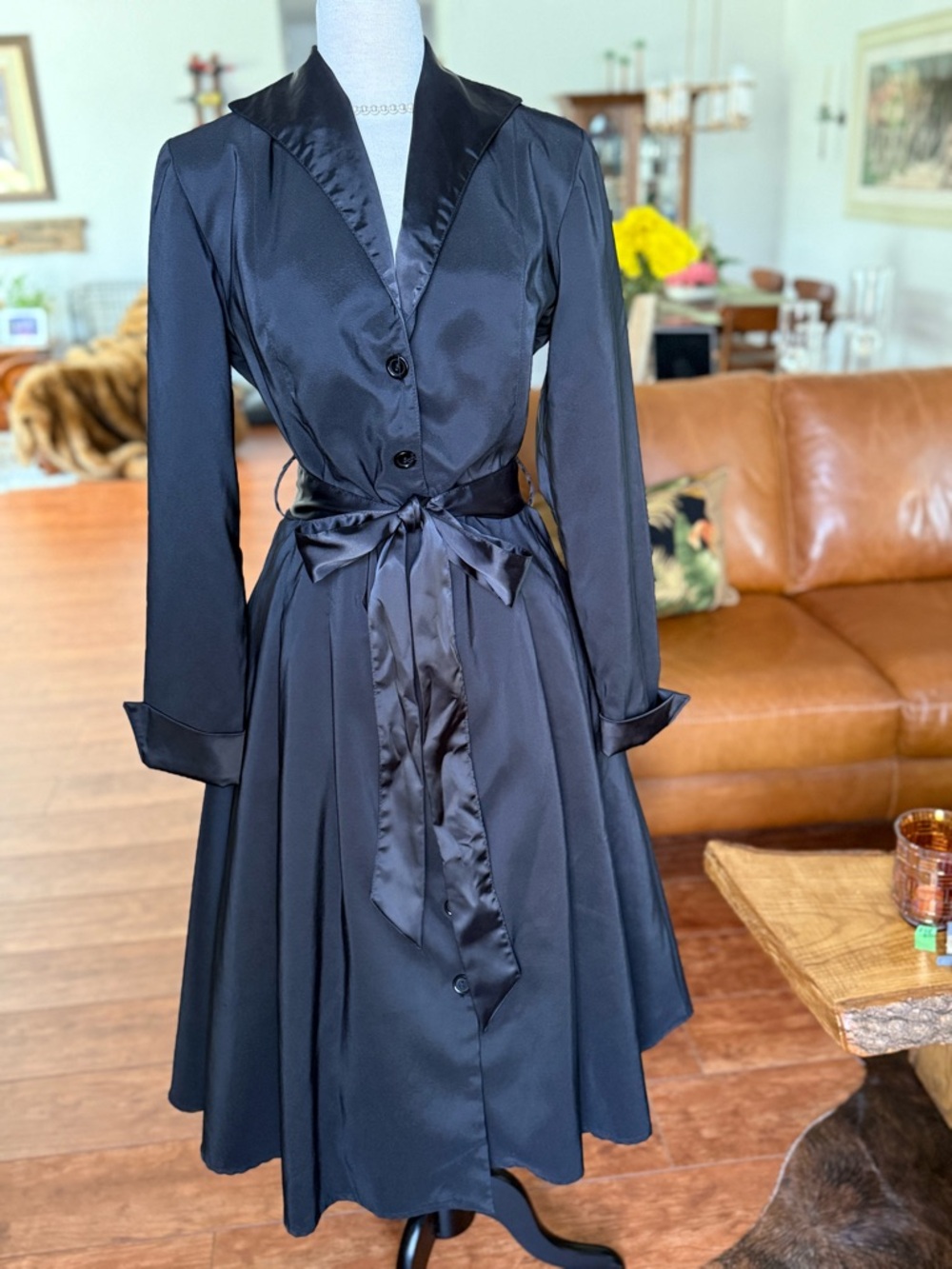 🥂Bernie Dexter Black Satin-Trim Retro Dress Coat Lined